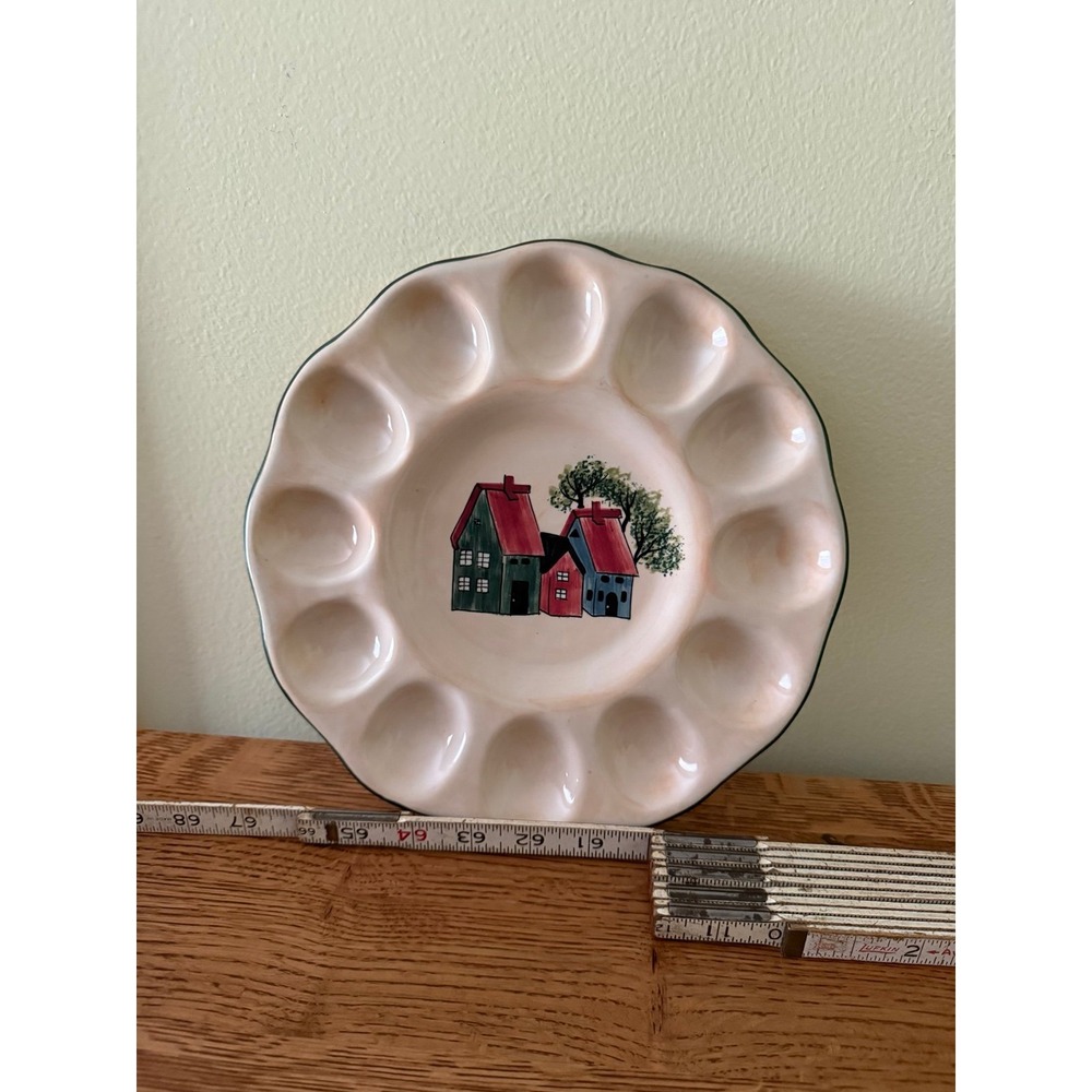 Vintage Blue Sky Stoneware Deviled Egg Platter Houses Tree Hand Painted Round